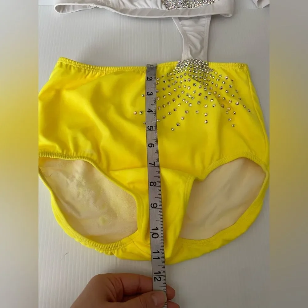 Glamorous solo dance costume white yellow 2 piece embellished puff sleeve LA